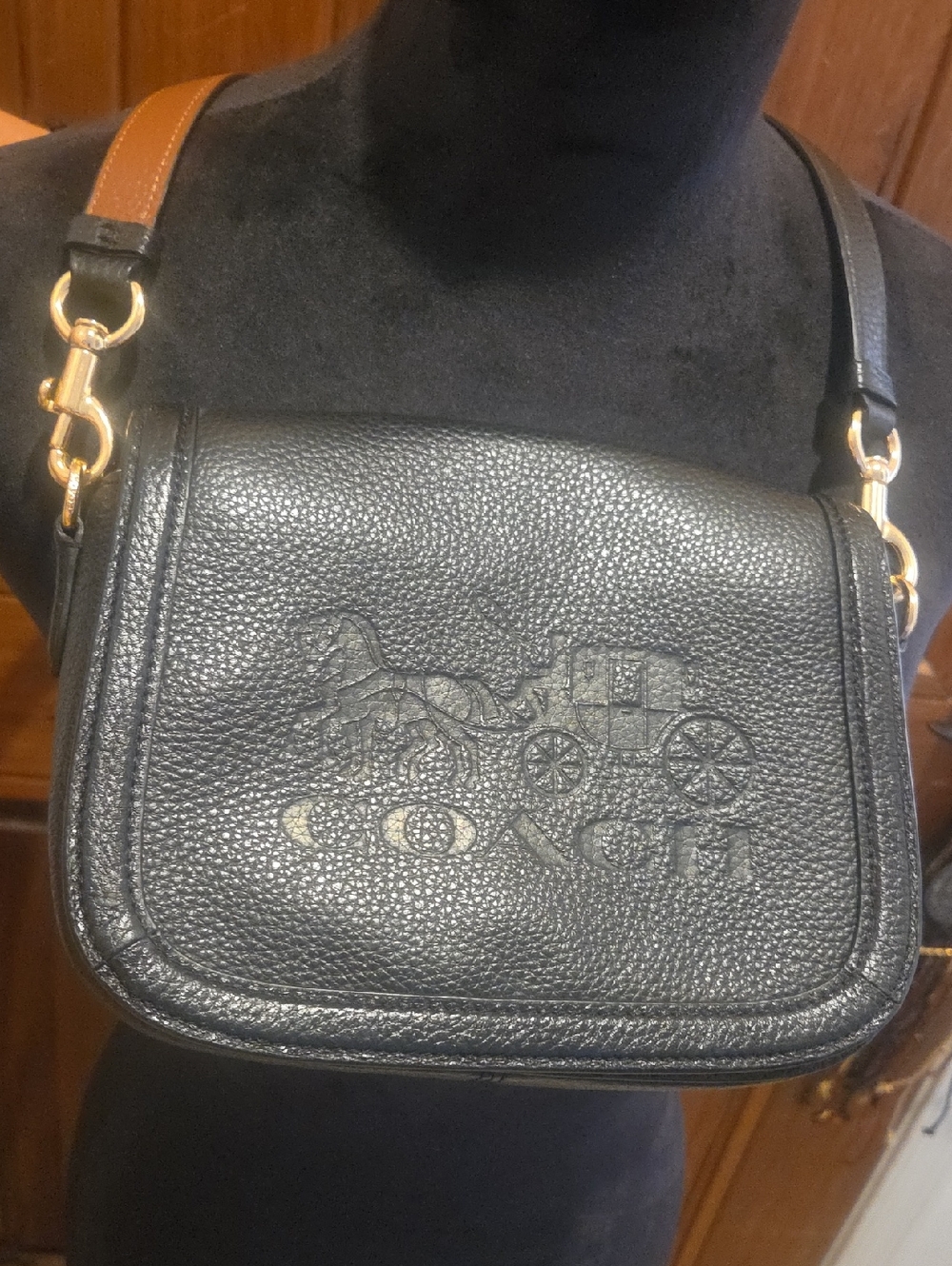 Coach Two-Tone Strap Black Pebbled Leather Shoulder Bag